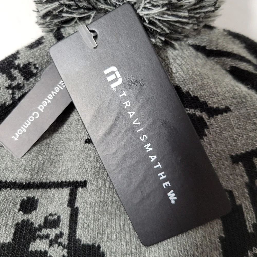 Travis Mathew Mapes Beanie Hat Men OS Heather Grey Golf Cart Pom Knit Soft NEW